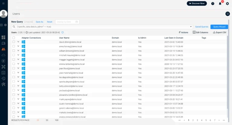 sjultra axonius use case 10 maintain user inventory query results Admin True Results